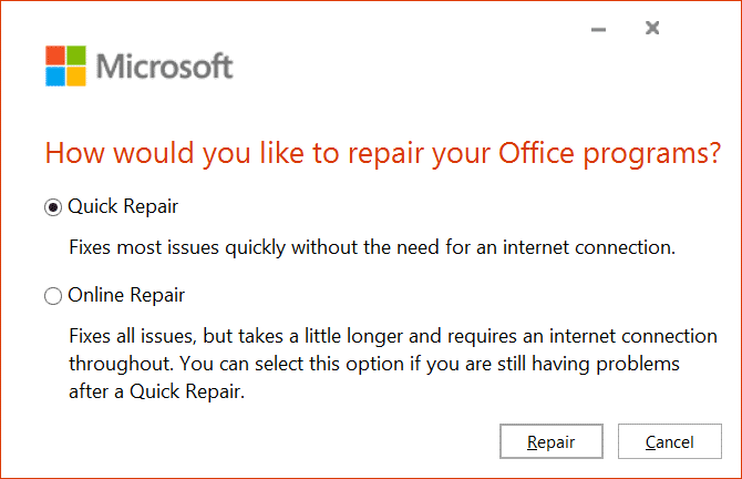 Try the Quick Repair option first. It's fast, doesn't need an internet connection, and can fix common Outlook issues. After selecting it, click Repair. You'll see a notification when it's done.